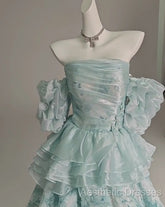 Blue Floral A-Line Strapless Organza Long Evening Prom Dresses Graduation Evening Prom Dresses